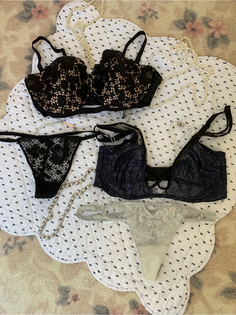 Black Lace Push-Up Bra & Thong Set Plus Navy & silver Set